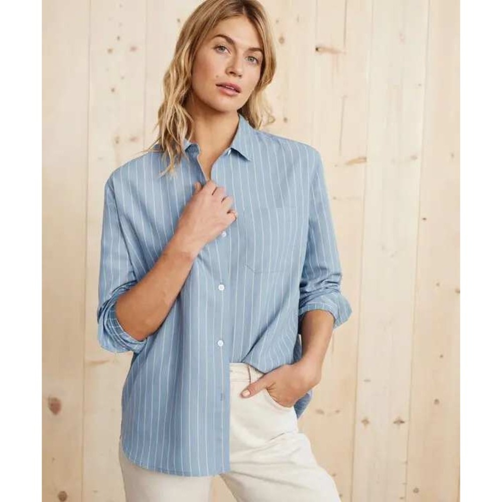 Jenni Kayne Boyfriend Shirt Long Sleeve Blue Tan Stripe Oversized Viscose XL